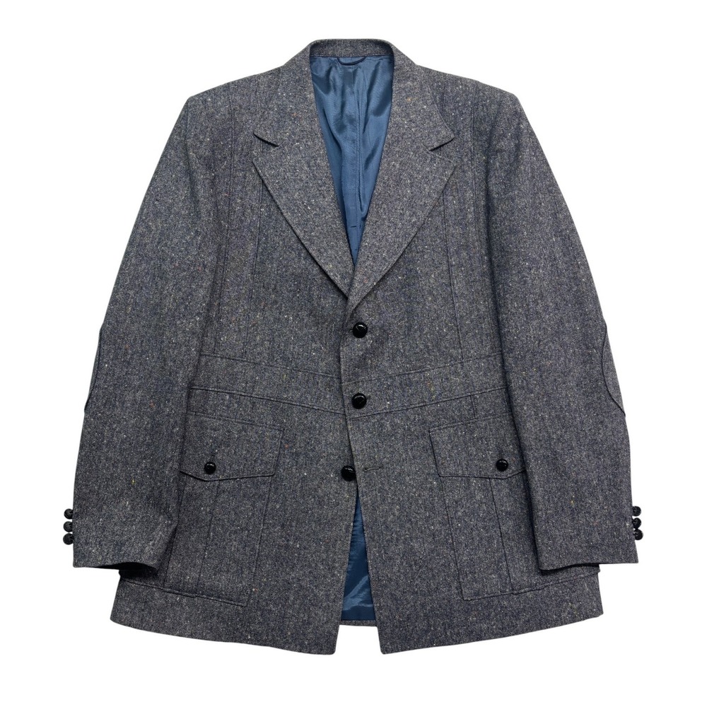 vtg 70s Navy Blue Birdseye Fleck 44R Tweed Blazer Jacket Sport Coat Back Belted